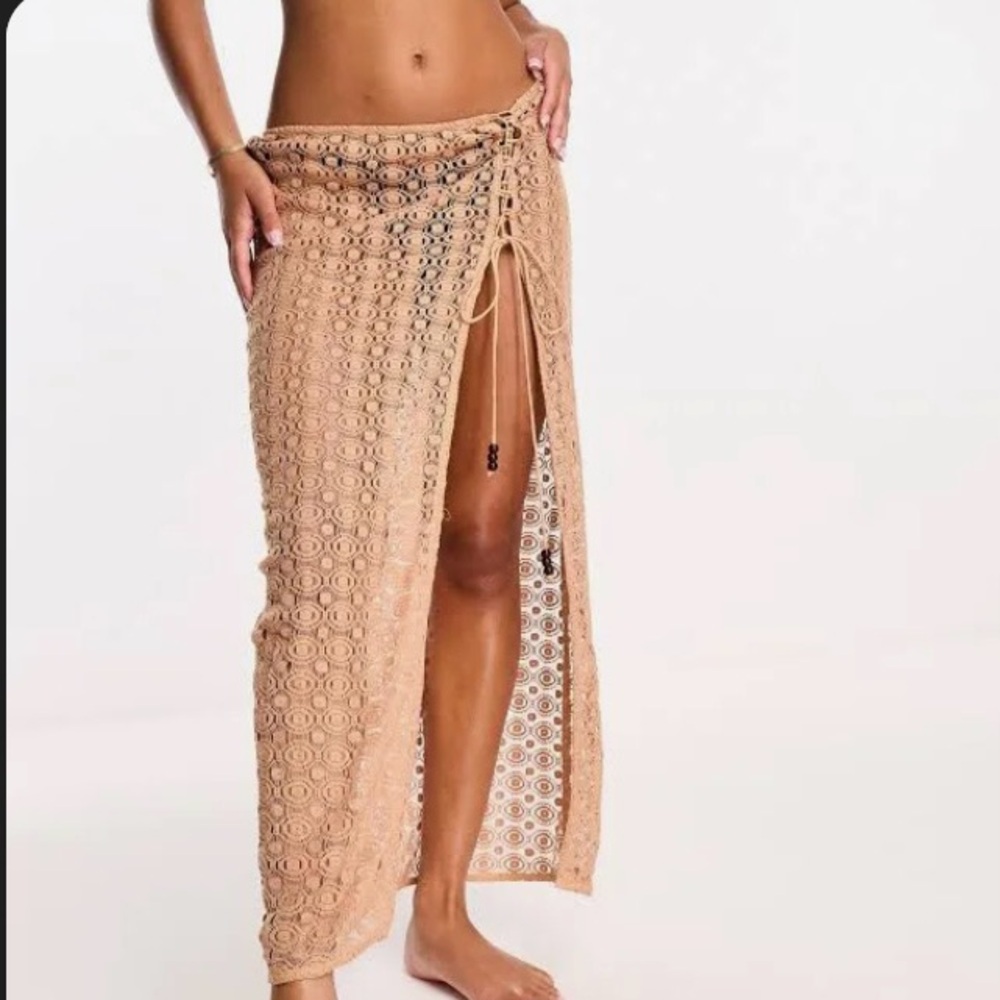 Corset side tie beach crochet lace slit maxi skirt